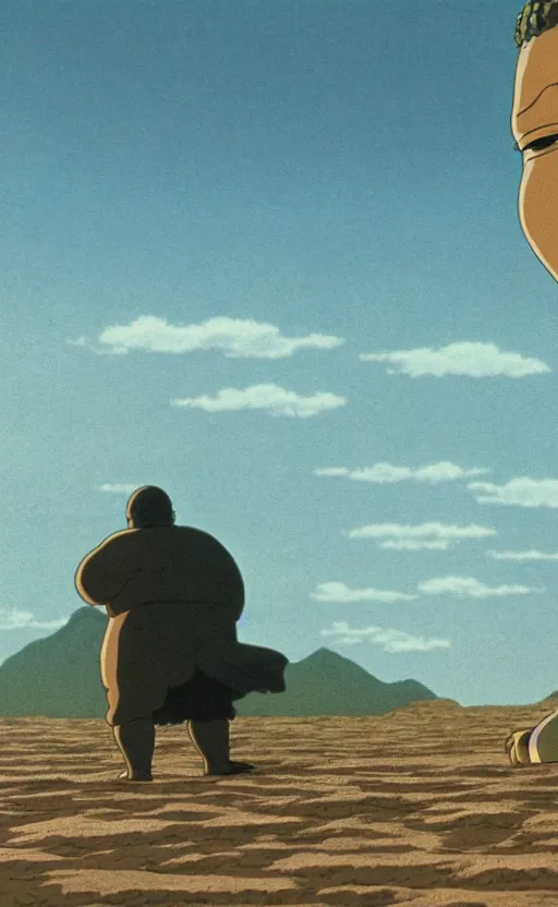 Image similar to a movie still from a studio ghibli movie showing a highly detailed landscape with a giant living buddha walking through the desert. 1 9 8 0's science fiction, 1 9 7 0's science fiction, misty, depth perception, 4 k