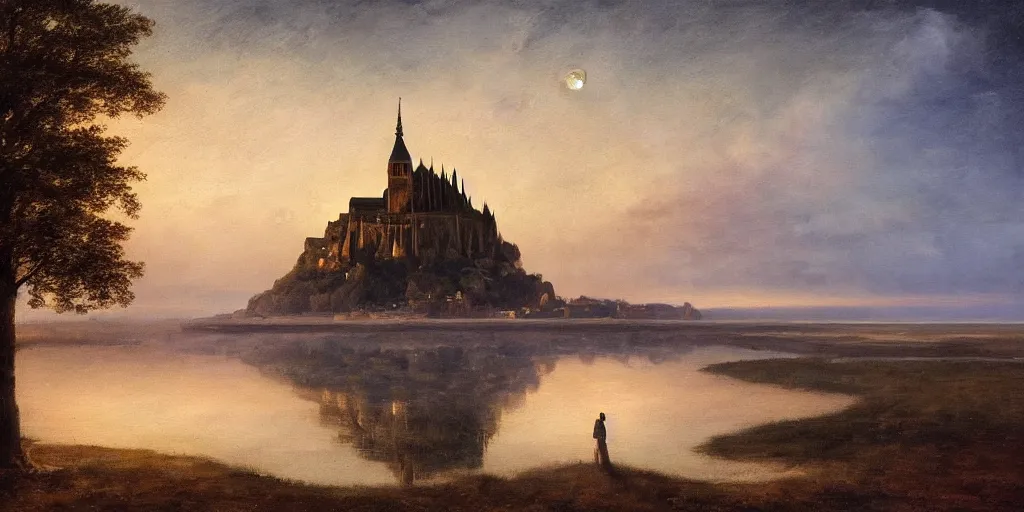 Image similar to masterpiece oil painting portraying mont saint michel in the style of romanticism landscape painters with a tree on the foreground,beautiful,misty,night sky,evocative,reflection in the water,photorealistic,chiaroscuro,soft lighting