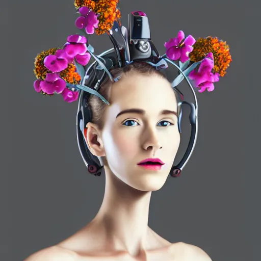 Image similar to female futuristic robot portrait with flower antennas