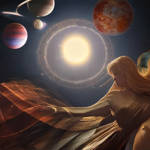 Image similar to all of the planets revolving around a giant Woman, beautiful, oil on canvas, intricate, 8k highly professionally detailed, HDR, CGsociety