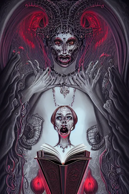 Prompt: ai illustration of demoness and her book of necronomicon, symmetrical, cinematic, sharp focus, 4 k, ultra hd, sense of awe, sinister demonic atmosphere, dreadful, forbidden knowledge, old gods. demonology journal cover