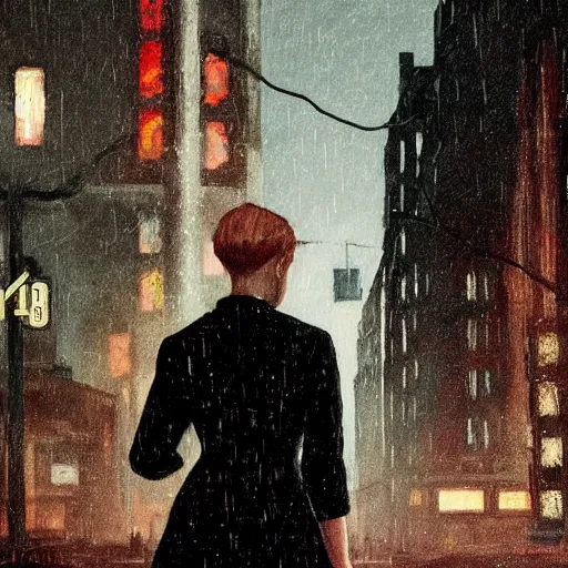Prompt: Elle Fanning stalking her prey at night in Fallout 3 in the world of Edward Hopper, stormy snowy weather, streetlights, extremely detailed masterpiece, oil on canvas, low-key neon lighting, artstation, Blade Runner 2049, Roger Deakin’s cinematography, by J. C. Leyendecker and Peter Paul Rubens,