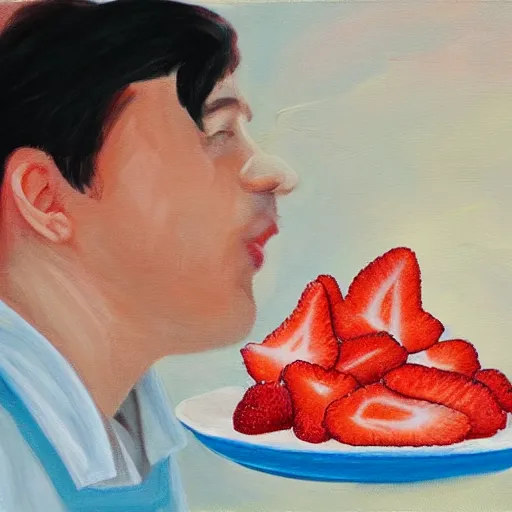 Image similar to painting of redhead boyfriend making strawberry shortcake topped with whipped cream