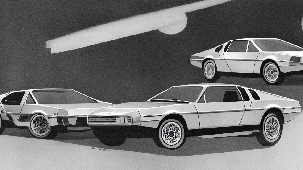 Prompt: 1965 DeLorean as designed by Ford concept drawing, catalog print