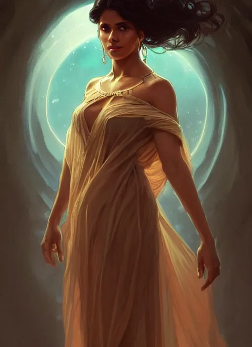 Image similar to cute brown woman wearing a transparent night gown, fantasy, intricate, highly detailed, digital painting, artstation, concept art, wallpaper, smooth, sharp focus, illustration, art by artgerm and greg rutkowski and alphonse mucha