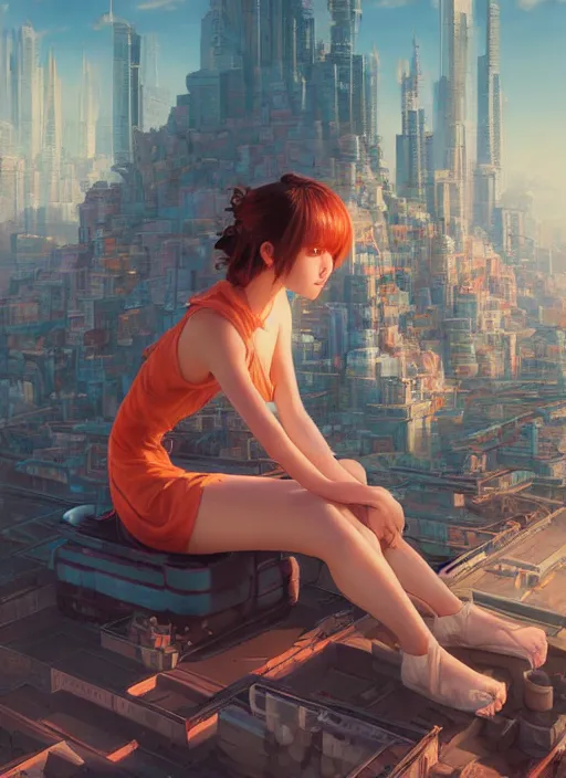 Image similar to breathtaking detailed painting of a giant woman sitting on a miniature city, Atari game cover art by Hsiao-Ron Cheng, James jean, Miho Hirano, Hayao Miyazaki, extremely moody lighting, hyperrealistic, octane render, RPG portrait, ambient light, dynamic lighting