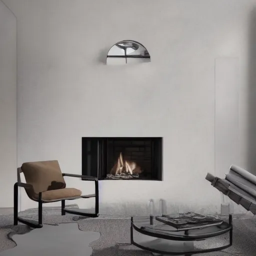 Image similar to two armchairs sitting in front of a cosy fireplace, modern home design interior, octane render, hyperrealistic, concrete archetecture, vray, volumetric lighting, cinema 4 d, unreal engine