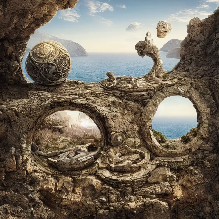 Image similar to photograph of a gigantic paleolothic sphere made of stone with highly detailed carvings of intricate shamanic robotic electronics and circuits, in a mediterranean lanscape, inside a valley overlooking the sea, by michal karcz, mediterranean island scenery, mediterranean vista
