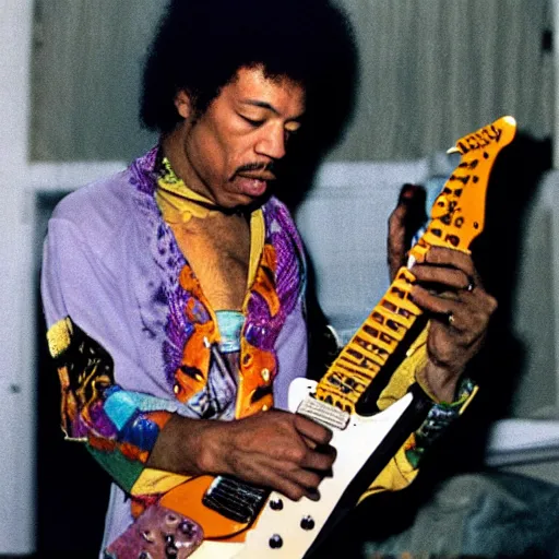 Prompt: jimi hendrix playing a lizard guitar, color photo, cinematic