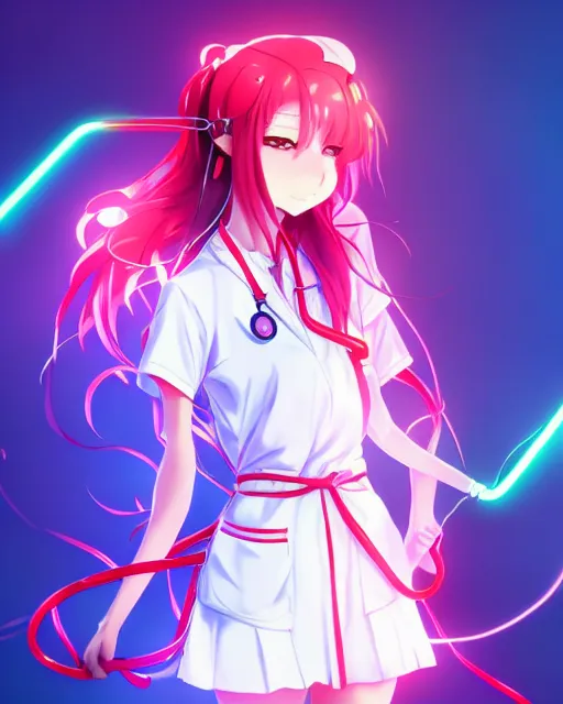 Image similar to anime style, vivid, expressive, full body, 4 k, painting, a cute magical girl with a long wavy hair wearing a nurse outfit, correct proportions, realistic light and shadow effects, neon lights, centered, simple background, studio ghibly makoto shinkai yuji yamaguchi