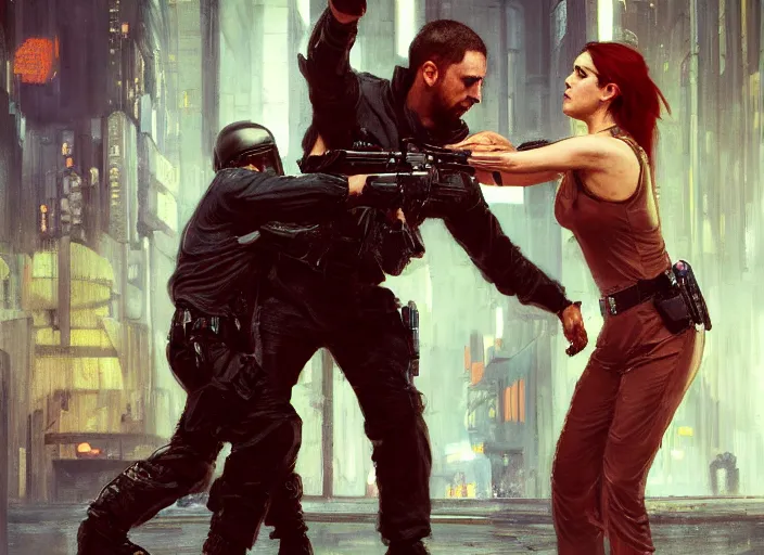 Image similar to Maria defeats sgt Nash. Cyberpunk hacker in orange jumpsuit fighting menacing police troopers (blade runner 2049). beautiful face. Orientalist portrait by john william waterhouse and James Gurney and Theodore Ralli and Nasreddine Dinet, oil on canvas. Cinematic, hyper realism, realistic proportions, dramatic lighting, high detail 4k