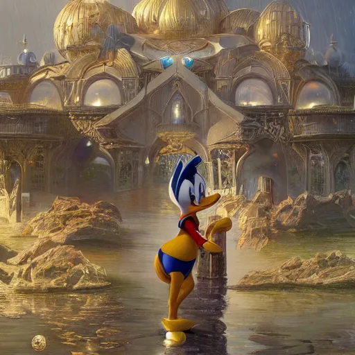 Prompt: ultra realistic illustration of cyborg donald duck, intricate, futuristic persian palace, elegant, alien, highly detailed, digital painting, artstation, concept art, smooth, sharp focus, illustration, art by artgerm and greg rutkowski and alphonse mucha