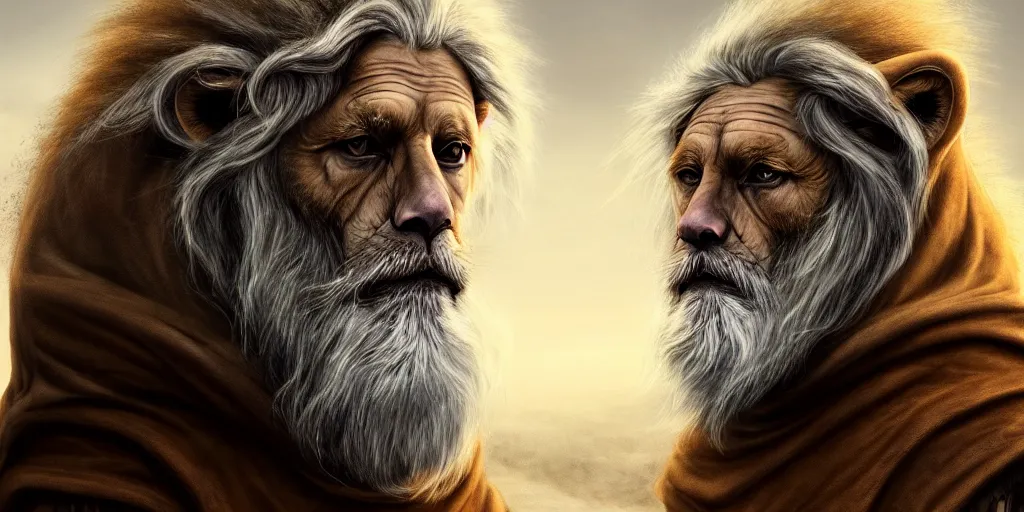 Prompt: a hooded wise old man with a long white beard wearing a brown hooded tunic riding a ( beautiful lion ), majestic, epic digital art, cinematic, trending on artstation, superb detail 8 k, wide - angle, masterpiece