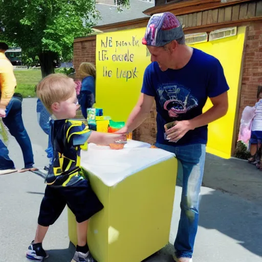 Prompt: a man pushing over a kid's lemonade stand