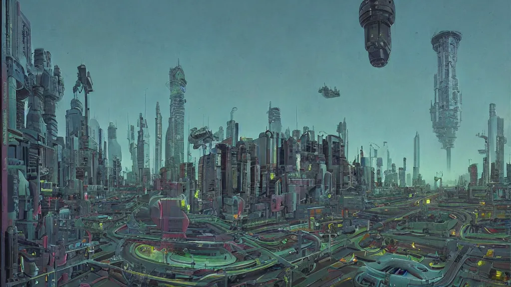 Image similar to sci fi city, 3 point perspective, by simon stålenhag and Michael Whelan, high contrast, cinematic