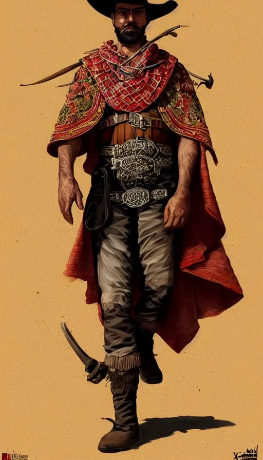 Image similar to ferocious bandido leader full body portrait, forajido cowboy, stern look, late xix century red and carmesi gaucho style, ornate poncho, steppe background, highly detailed, digital painting, character design, artstation, concept art, art by Artgerm, Greg Rutkowski, Craig Mullins, Stanley Artgerm Lau, WLOP, Ross tran, James Jean, red dead redemption, magic the gathering, digital art - W 640