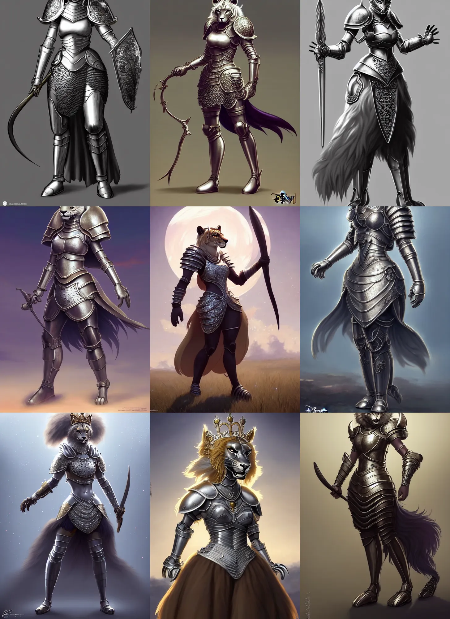 Prompt: beautiful full body portrait of a strong female anthropomorphic lioness fursona queen wearing curvy silver ornate plate armor with a skirt. character design by disney, anime, manga, charlie bowater, ross tran, artgerm, and makoto shinkai, detailed, soft lighting, rendered in octane, dark souls