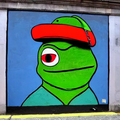 Prompt: pepe the frog street art by Banksy