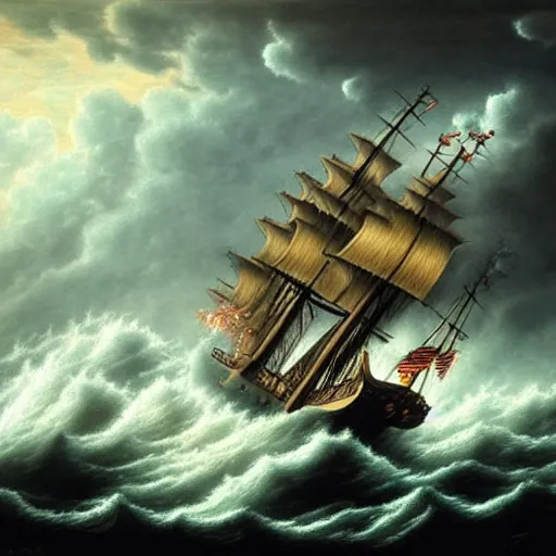 Image similar to a highly detailed scene of a ship being attacked by giant squid tentacles, dark, voluminous clouds, thunder, stormy seas, pirate ship, dark, high contrast