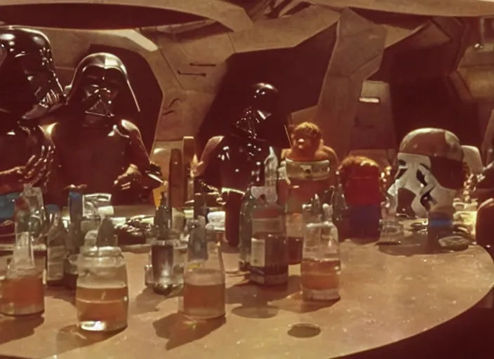 Prompt: still of some aliens having a drink in the Cantina in Star Wars (1977).