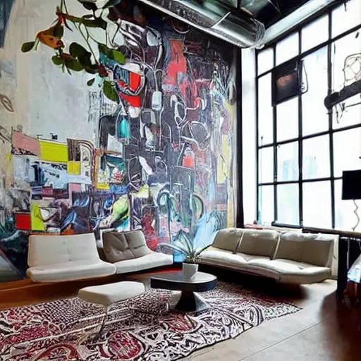 Image similar to trendy loft with modern murals on the wall, modern art and patterns, interior design, lovely architecture