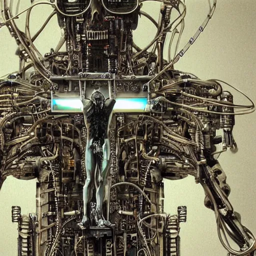 Image similar to a man crucified on a cybernetic sci - fi cross, full of computer elements and cables, symbolic, intricate, hyperdetailed, religious, painting, cyberpunk, in a style of h. r. giger