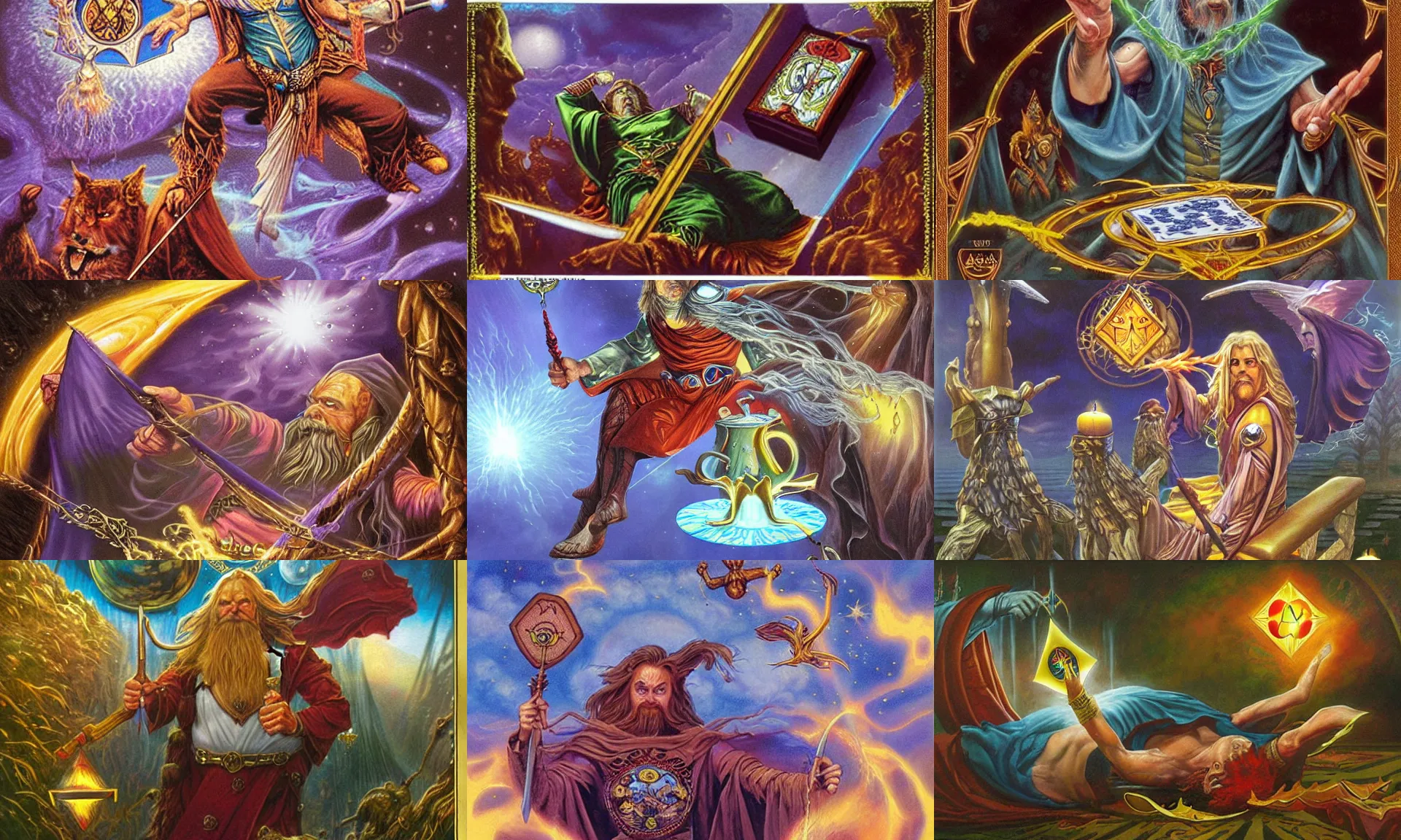 Prompt: wizard, tarot cards floating, award - winning fantasy art by alex horley