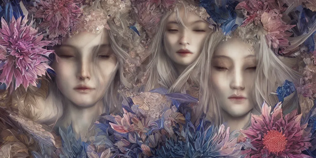 Image similar to breathtaking detailed concept art painting kaleidoscope art deco pattern of blonde faces goddesses amalmation flowers, by hsiao - ron cheng, bizarre compositions, exquisite detail, extremely moody lighting, 8 k