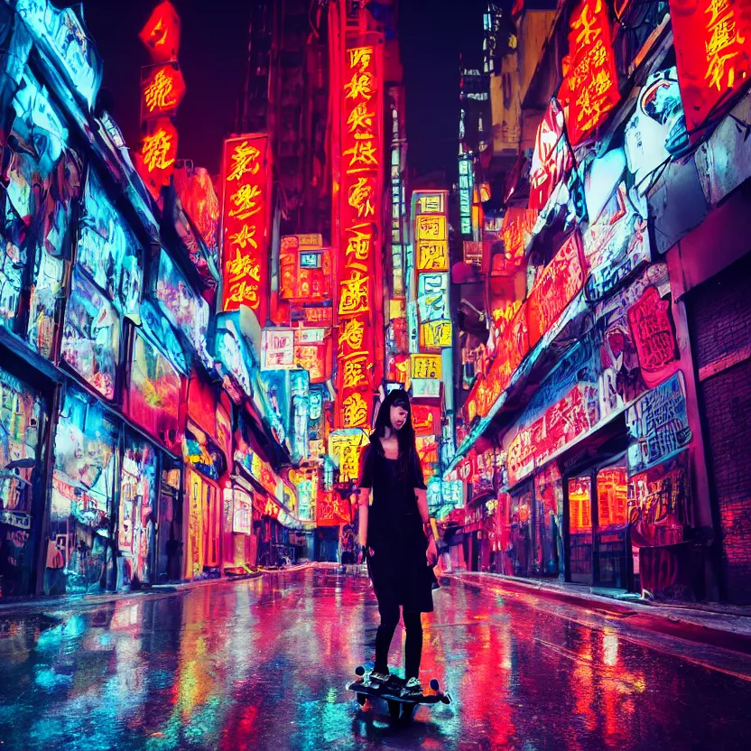 Image similar to photograph of punk girl skateboarding in the city, chinese neon signs, cyberpunk buildings, wet roads at night reflecting the lights from buildings, studio lighting, cloudy night sky, bright neon colors, 4 k, fisheye