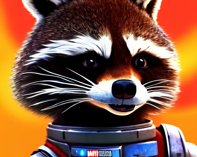 Prompt: closeup portrait, detailed illustration of furry rocket the raccoon standing in the hallway of a space ship from guardians of the galaxy, wearing mass effect armor, holding a rocket launcher, soft volumetric lighting, cinematic, disney, pixar, confident action pose, gta v