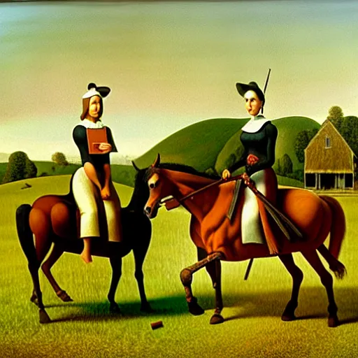 Prompt: an original painting of american gothic replaced with horses, a couple riding a horse, by grant wood