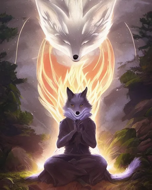 Image similar to Kitsune Fox Sorcerer meditating in the woods, nine tails, portrait, magic the gathering artwork, D&D, fantasy, cinematic lighting, centered, symmetrical, highly detailed, digital painting, artstation, concept art, smooth, sharp focus, illustration, volumetric lighting, epic Composition, 8k, art by Akihiko Yoshida and Greg Rutkowski and Craig Mullins, heroic pose, oil painting, cgsociety, Tree Woodland atmosphere