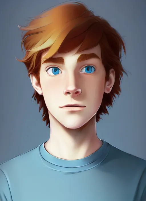 Image similar to portrait of a teen boy with completely straight auburn hair, light blue eyes, pale skin, freckles, sad expression, t - shirt, modern casual clothing, natural lighting, path traced, highly detailed, high quality, cartoon, digital painting, by don bluth and ross tran and studio ghibli