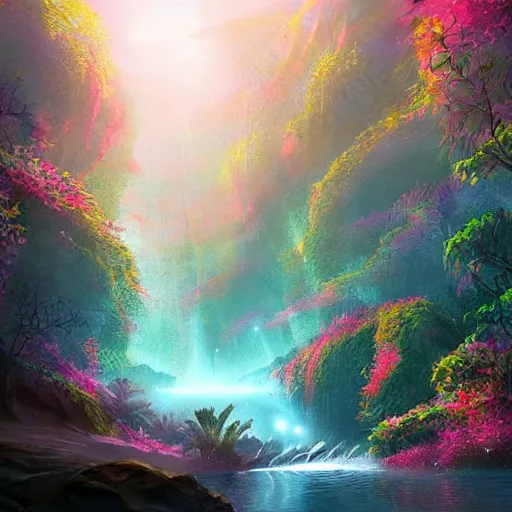 Image similar to beautiful lush natural scene on another planet, with creatures. lightfall. beautiful detailed digital painting. trending on artstation and deviantart.