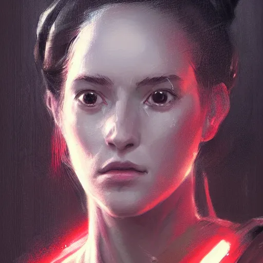 Image similar to portrait of a woman by greg rutkowski, jedi princess, straight black hair, jedi robes, star wars expanded universe, she is about 2 0 years old, elegant, graceful, wearing red jedi robes, highly detailed portrait, digital painting, artstation, concept art, smooth, sharp foccus ilustration, artstation hq