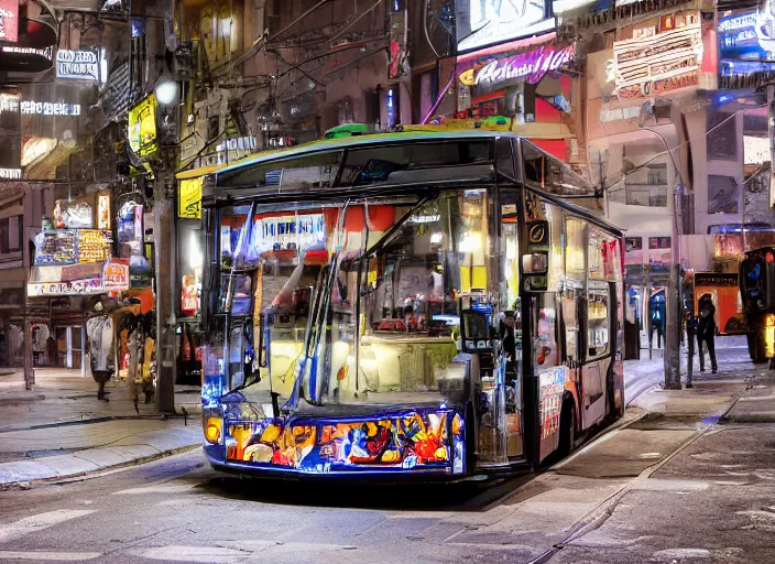 Image similar to trolleybus stands at a stop, headlights shine with neon light, atmospheric, futuristic, cyberpunk, ray tracing global illumination, 8 k resolution, ultra detailed