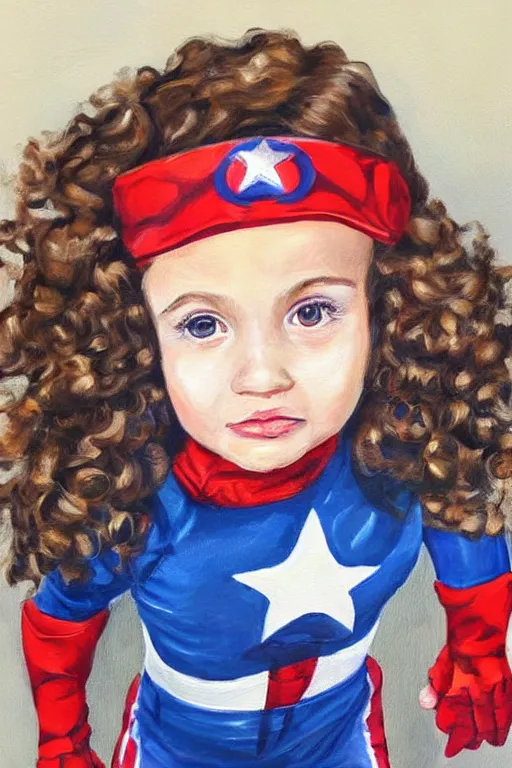 Prompt: a little girl with a mischievous face and light brown curly wavy hair. she is dressed as captain america, spider - man, batman, captain marvel, a superhero. clean elegant painting, beautiful detailed face.