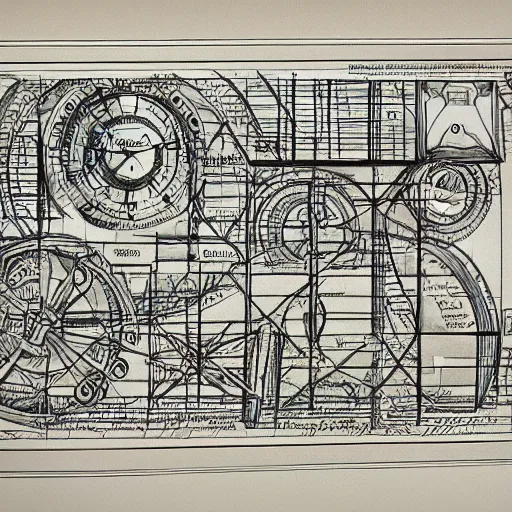 Prompt: technical digram of time travel on paper, exceedingly intricate, davincie style, infographic, blueprint, illuminated, manuscript, hand drawn sketch