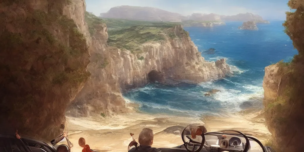 Image similar to looking out a car dash window to see the road to a mediterranean phoenician fishing village, over a chalk cliff, highly detailed, digital painting, artstation, concept art, sharp focus, illustration, art by artgerm and greg rutkowski and raphael lacoste and magali villeneuve