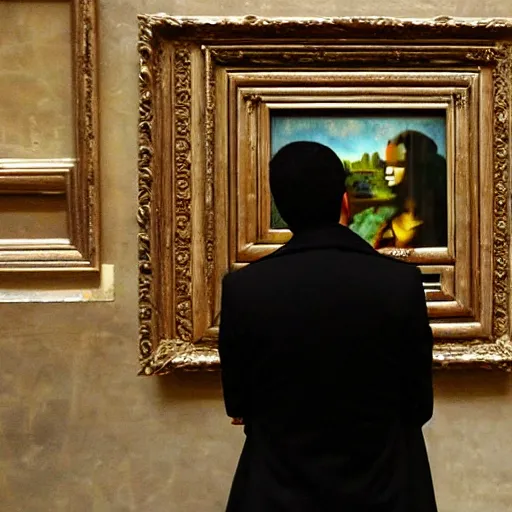 Prompt: banksy tagging the mona-lisa inside the Louvre