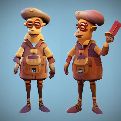 Image similar to character design of a stylized explorer and cartographer in the style of Studio Ghilbi, stylized cartoon texture and modeling 3D