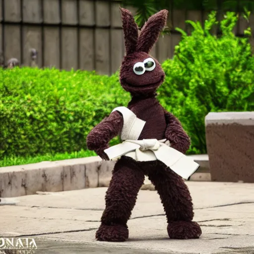 Prompt: a fluffy chocolate brown karate loving muppet bunny wearing cool black ninja clothes with a red belt and practicing her karate out in nature by a koi pond, photorealistic, photography, ambient occlusion, rtx, national geographic, sesame street