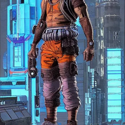 Image similar to Apex legends cyberpunk fitness dude. Concept art by James Gurney and Mœbius.