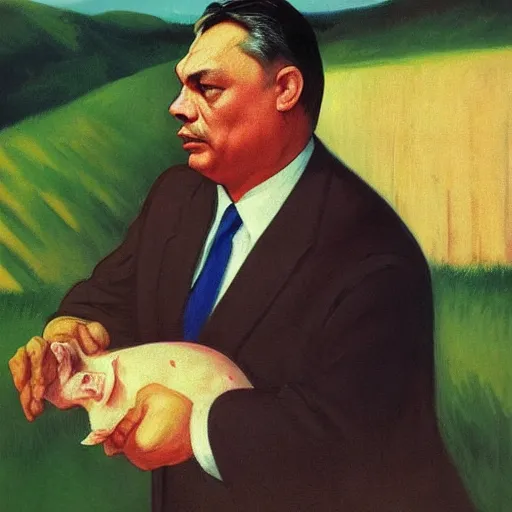 Image similar to highly detailed propaganda poster portrait of the leader of fascist hungary, viktor orban participating in a traditional pig slaughter, painted by edward hopper