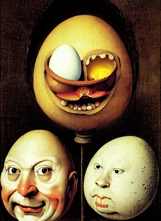 Image similar to portrait of an egg with humpty dumpty silly facial expressions, realistic, by hieronymus bosch, pieter brueghel, greg rutkowski