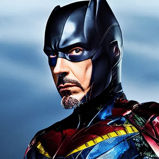 Image similar to robert downey jr in batman suit, portrait hd, still from justice league 4 k