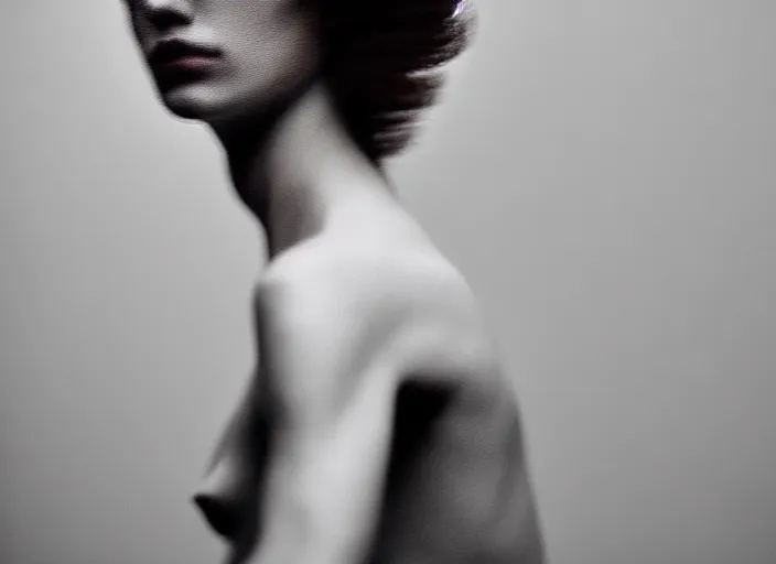 Image similar to cinestill 5 0 d photo portrait of a beautiful hybrid woman in style of paolo roversi by roberto ferri, basalt body intricate detailed, hair are intricate basalt, 1 5 0 mm lens, f 1. 4, sharp focus, ethereal, emotionally evoking, head in focus, radiant volumetric lighting, matt colors outdoor