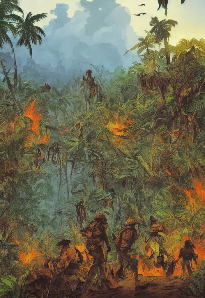 Image similar to handmade illustration of an epic Vietnam war scene with a few Rastafarian Jamaican soldiers walking, the jungle at the background, some smoke and fire, blue sky with dramatic clouds, line art, ink, watercolor by Kilian Eng and by Jake Parker, heavy brushstrokes, winning-award masterpiece, fantastic, octane render, 8K HD Resolution, High quality image