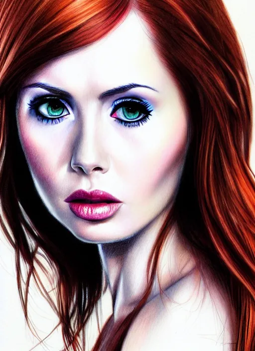 Image similar to sultry look in her eyes Karen Gillan close-up portrait, complex artistic color pencil sketch illustration, full detail, gentle shadowing, fully immersive reflections and particle effects.