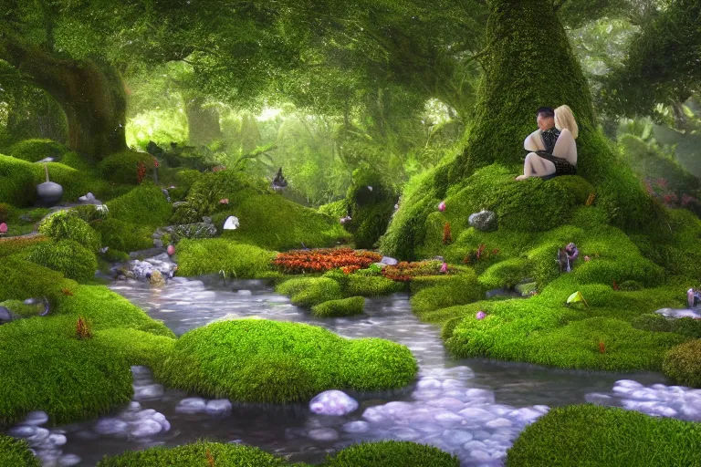 Image similar to hyper realistic detailed render of a heavenly garden of peace, eden filled with trees, stone slab, colourful flowers, moss, ferns, a girl meditating at a distance, small stream or puddles, birds, trending on artstation, volumetric lighting, hyper realistic, hyper detailed, high quality render, blender guru,